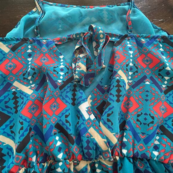 Forever 21 Blue Tribal Design Romper One Piece Summer Shorts Women's Size Small - Picture 6 of 9